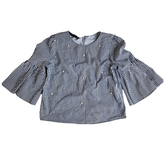 Zara | Poplin Stripe Bell Sleeve Top with Faux Pearls | Women's Small - Picture 3 of 7